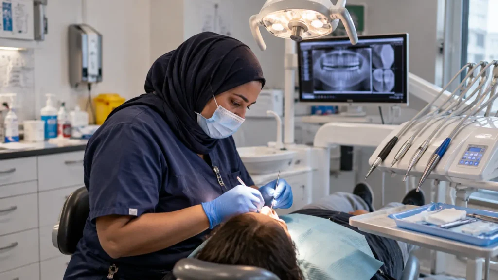 Tannlege behandler en pasient ved en lokal tannlegeklinikk