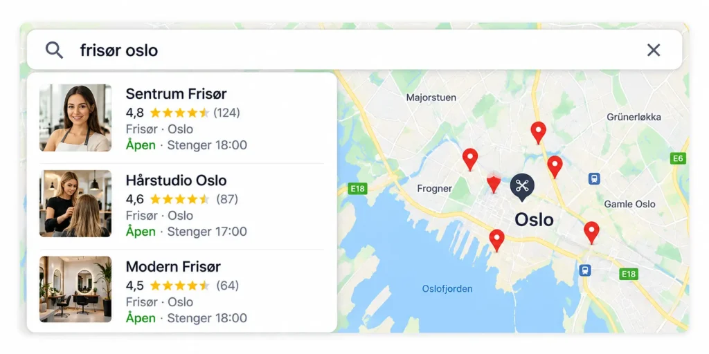 Illustrasjon av lokale bedrifter i søkeresultater på Google Maps
