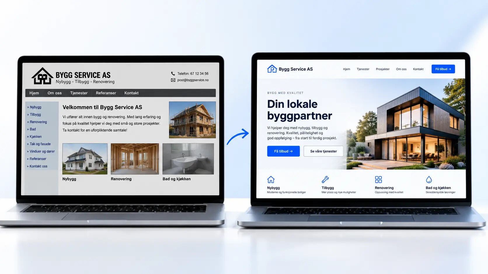 Illustrativ sammenligning av gammel og modernisert nettside på to bærbare datamaskiner